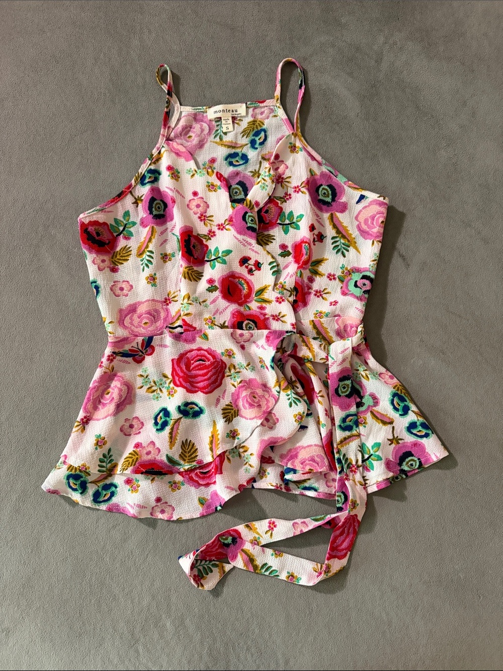 Monteau Pink Floral Tie-Waist Halter Cami
